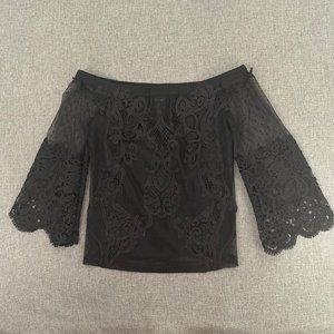 Mocha Beautiful Off The Shoulder Top Medium Black Wide Crochet Sleeves Sheer Mes